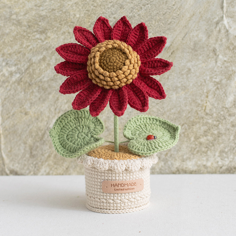 Producto terminado, tejido de ganchillo a mano transfronterizo, planta de girasol en maceta, flor artificial, decoración de flor eterna, regalo del día del maestro, planta en maceta image 5