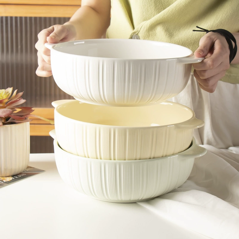 Both ear creative extra large sauerkraut fish bowl 2024 new home ceramic large capacity vertical lines simple soup soup pot
