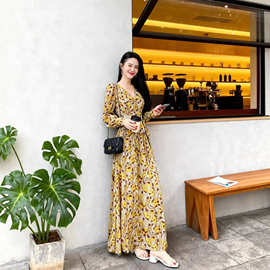 碎花V领长袖开叉连衣裙女战袍收腰性感秋季连衣裙新款纯欲春秋