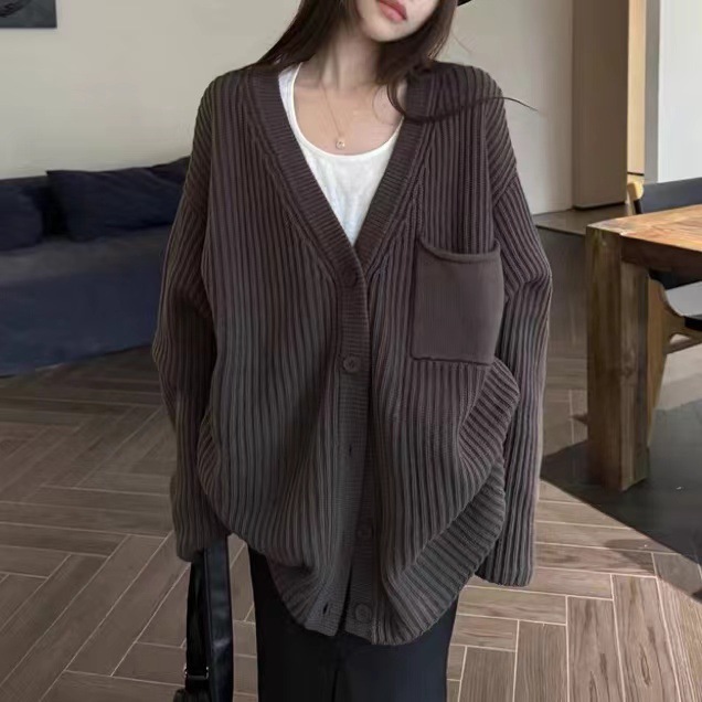 Autumn and Winter New Lazy Loose Sense Chocolate Knitted Cardigan European and American Style Solid Color Pit Sweater Coat for Women