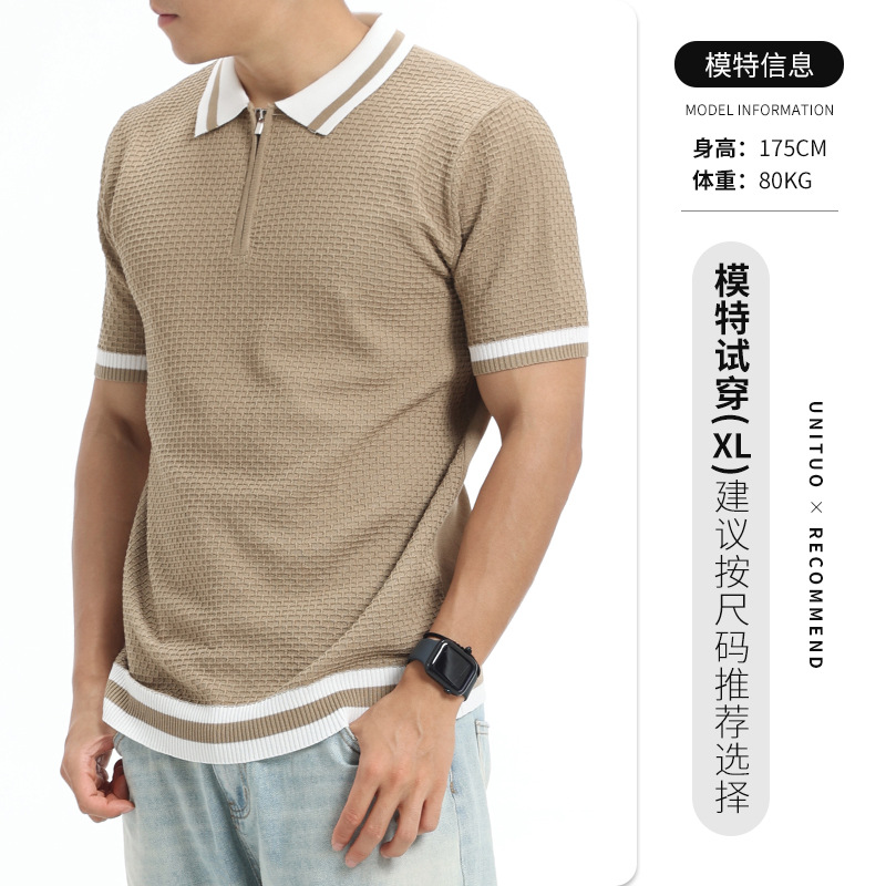 Camiseta de polo de punto de costilla de hielo con cuello superior de manga corta para hombre ligero estilo de negocios casual alta sensación de ropa de hombre