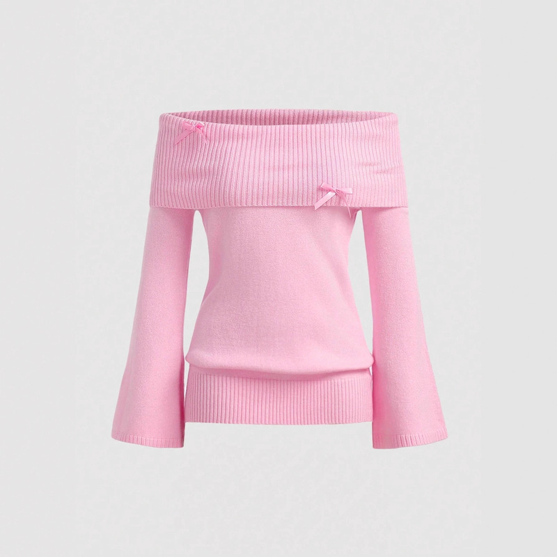Autumn and Winter New Ins European and American Sweet Knitted Fashion Bow Crop Sexy Slim One-Line Collar Long-Sleeved Sweater