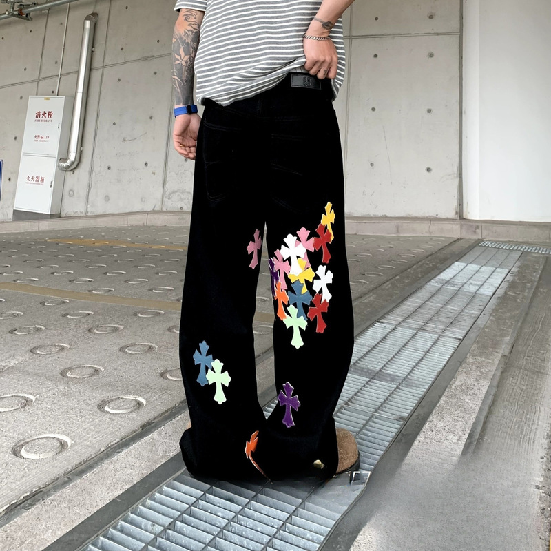New Chrome Hearts Men's Jeans, American Style Trendy Brand, Cross Pattern, Loose Straight Casual Wide-Leg Pants, Wholesale for Men