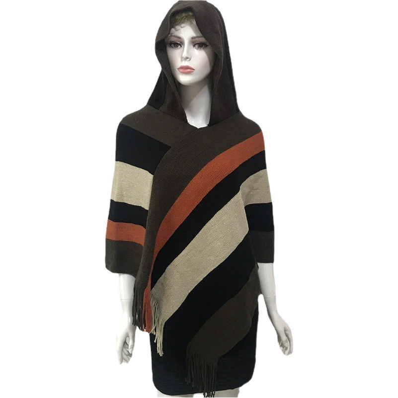 Осенне-Зимний новый яркий Шелковый плащ в полоску с высоким воротником и кисточками, женский плащ-шаль с капюшоном, теплый плащ, Европейская и американская шаль без рукавов