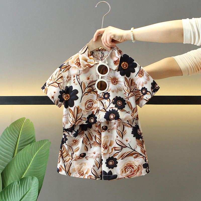7874 traje de manga corta de verano para niños 2025 nueva camisa para niños de dos piezas ropa de vacaciones de verano para bebés de moda