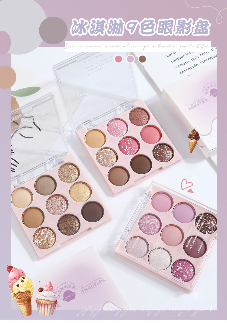 Ice cream eyeshadow palette, pure nine-color pearlescent, matte, glossy, ground color, glitter, sequins, beginner's blush, high-gloss nine-grid details Picture