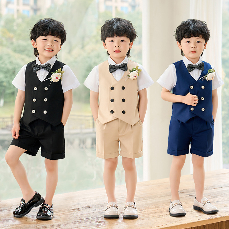 Boys' Suit Vest Set Summer Short-Sleeve Children's Formal Wear Stylish Flower Boy Host Fashion Show Photography Performance Outfit