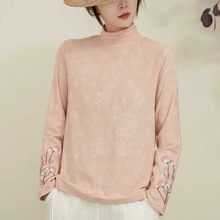 跑量价秋冬款韩版宽松显瘦文艺提花刺绣半高领打底衫T恤内搭女
