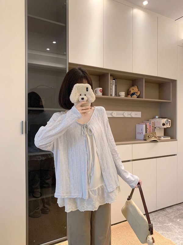大码女装甜美套装蕾丝吊带背心女秋季长袖针织开衫外套两件套|undefined