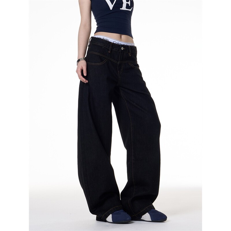 American Retro Spicy Girl Dark Blue Wide-Leg Scimitar Jeans for Men and Women New Loose Slimming Versatile Straight Pants