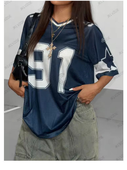 ヨーロッパとアメリカのストリートスタイルビッグナンバープリントVネックルーズTシャツホットガールヒップホップスポーツ速乾性多用途カジュアル半袖|undefined