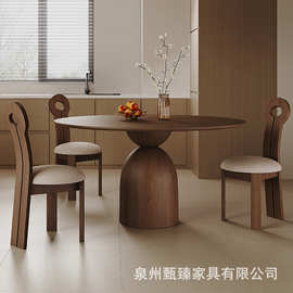 ♤法式复古风胡桃色圆桌中古风实木圆餐桌椅组合家用小户型