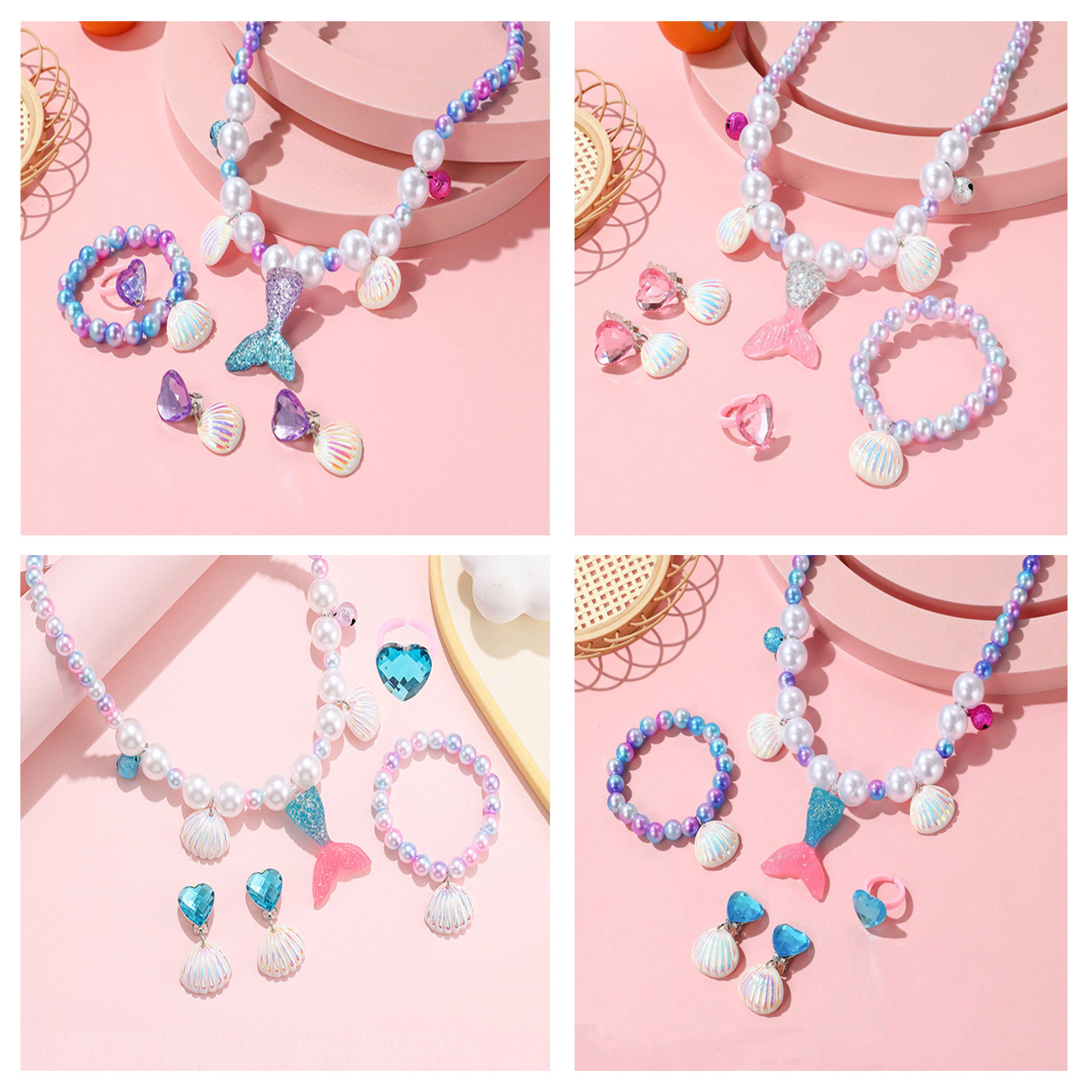 Children's Mermaid Pearl Necklace Bead Set Dopamine Pearl Shell Cute Princess Necklace Jewelry Set