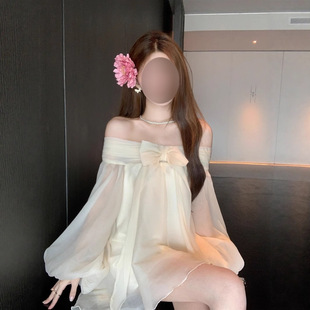 Gentle style French bow one-shoulder chiffon dress summer new temperament age-reducing loose slimming short skirt