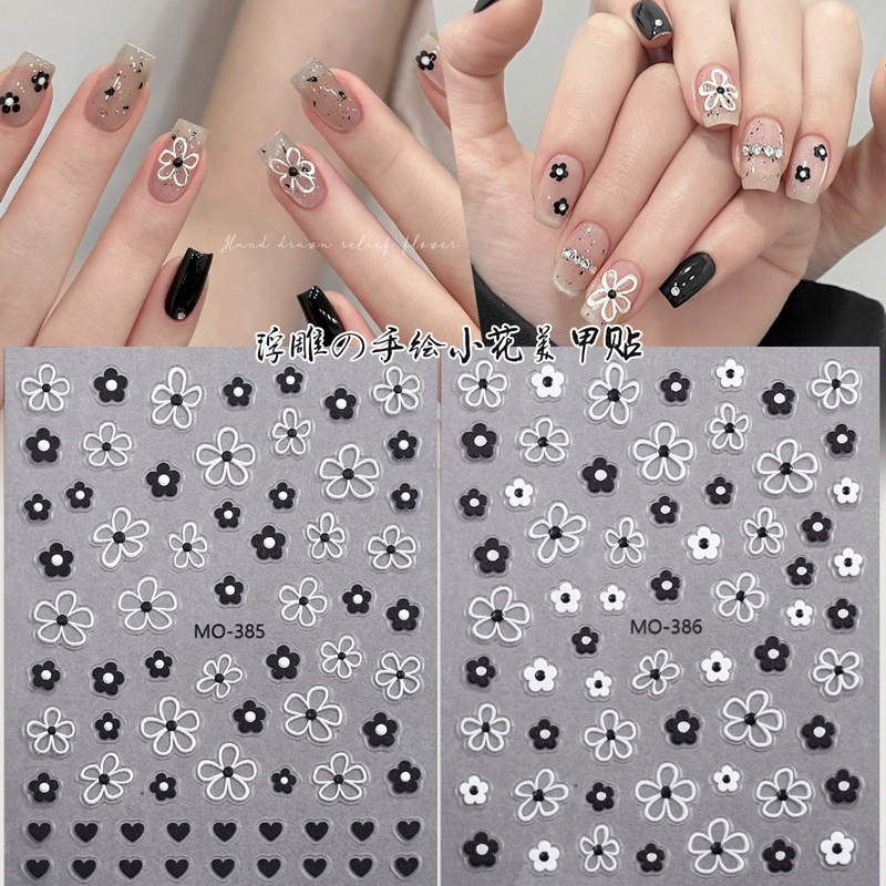 Black and White Hand-painted Flower Nail Art Sticker New Embossed Love Flower Wear Nail Decals Decorative Products Internet Celebrant Explosions