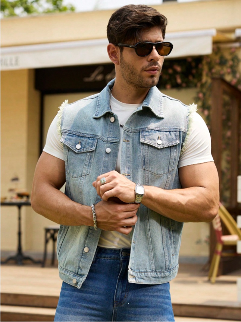 Men's Denim Jacket Style Fashion Street Short Sleeve Vest Frayed Edges_viptrois.com