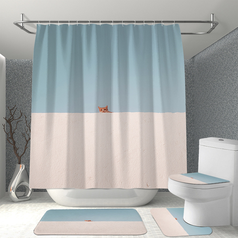 Customized Wall-Mounted Cat-Themed Fresh-Style Bathroom Sponge Floor Mat and Shower Curtain Four-Piece Set, Waterproof Printed Decorative Curtain