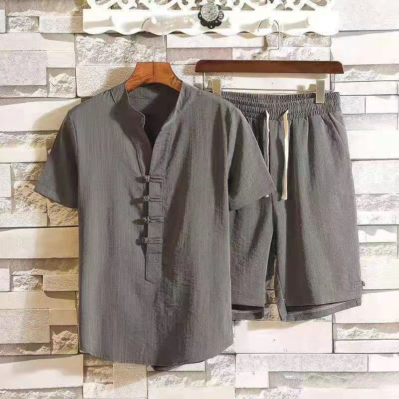 Men's Clothing Fat Men's Linen Style Suit Plus Size Tang Suit Men's Summer Short Sleeve Cotton and Linen Retro Two piece Suit_mkmklike.com