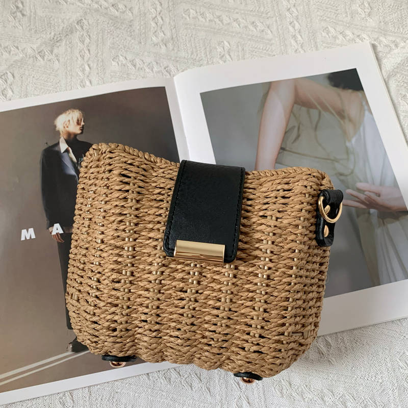Paper Material Color Block Pattern Spring&Summer Season Women's Paper Color Block Vacation Weave Square Flip Cover Straw Bag