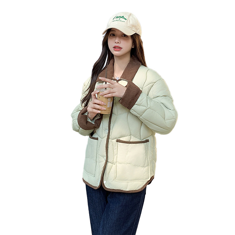 Moda coreana de color contrastante de lana de lana empalmada abrigo de algodón de invierno femenino retro suelto delgado abrigo de algodón cálido image 5