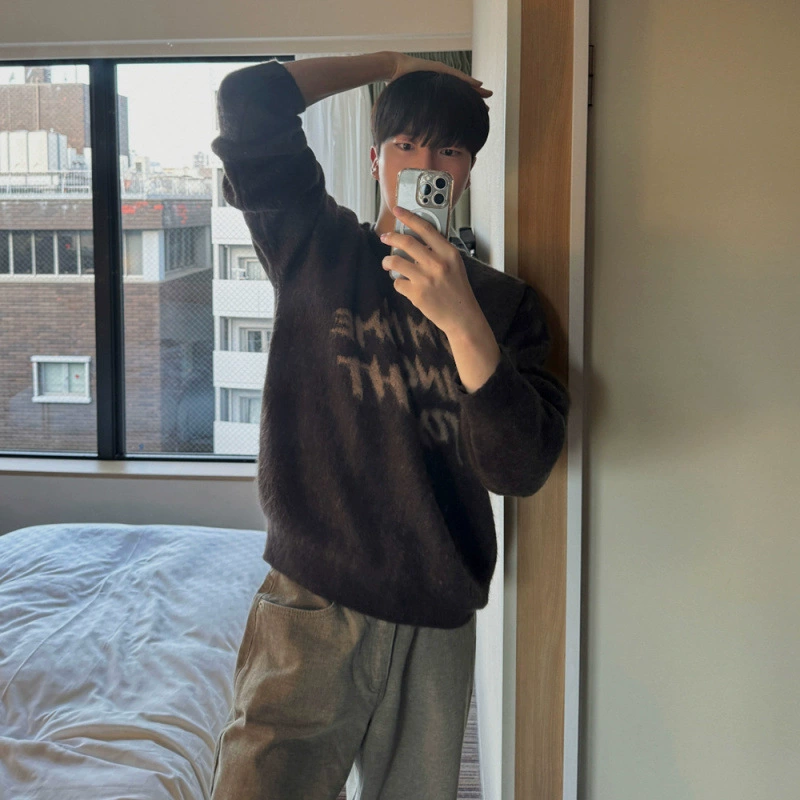 MYQ мохер пут свитер с круглым вырезом мужской зимний свободный теплый топ корейский трикотаж с принтом