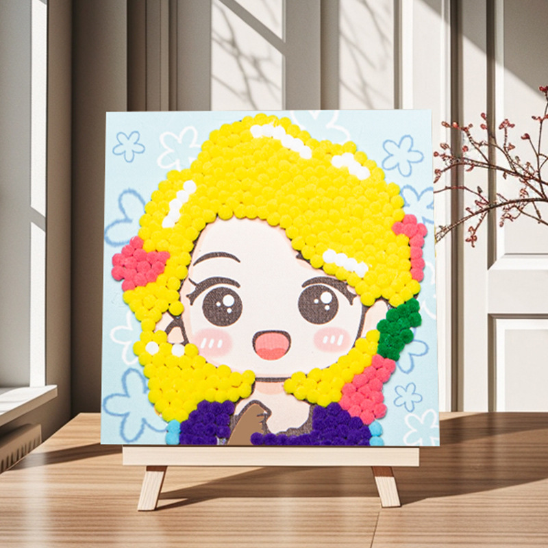 Pintura de bola de pelo Dibujos animados Niños creativos Pegatinas a mano Diy Material hecho a mano Paquete Marco estirado Pintura adhesiva Marco de madera maciza Pintura decorativa