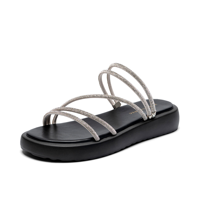 Sandal đính đá nữ đế thấp lấp lánh phong cách Tây, dễ phối đồ — BK110 màu bạc