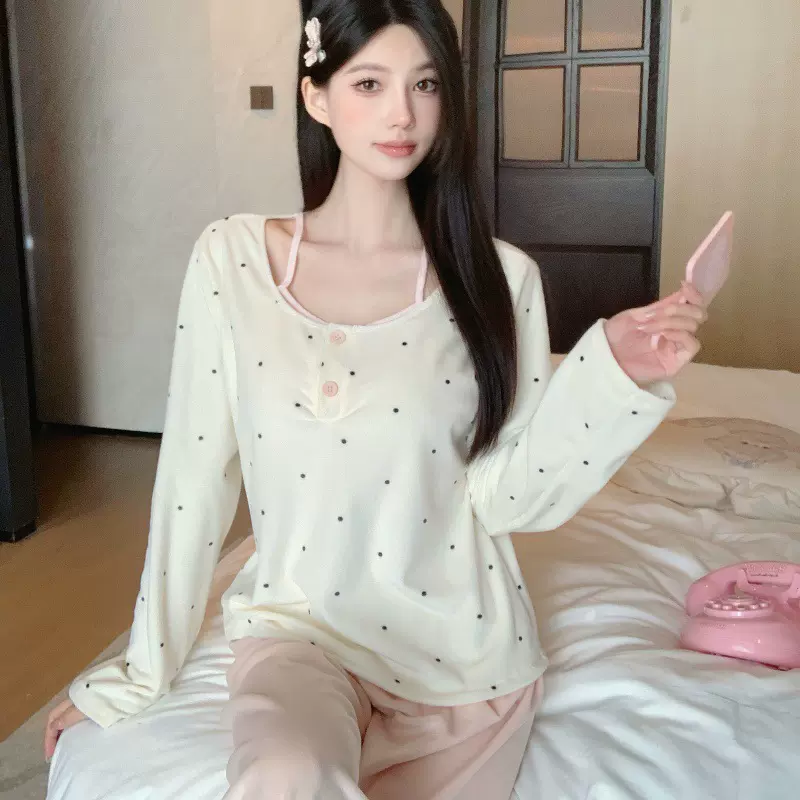 秋冬季保暖加厚海岛绒睡衣女甜美可爱波点少女带胸垫可外穿家居服
