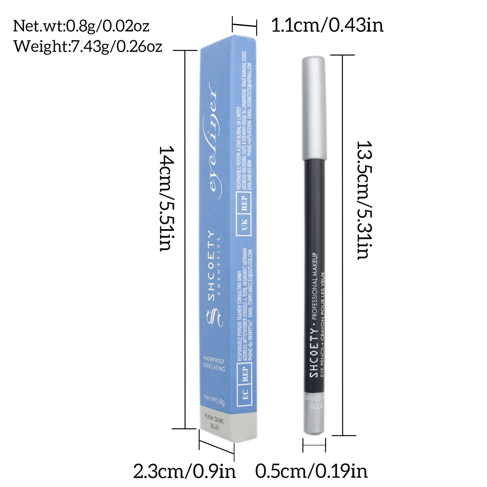 SHCOETY waterproof and non-smudge wooden eyeliner pen, long-lasting makeup without smudge, eyebrow pencil and eye pencil, dual-purpose makeup pen, European and American Specification drawing