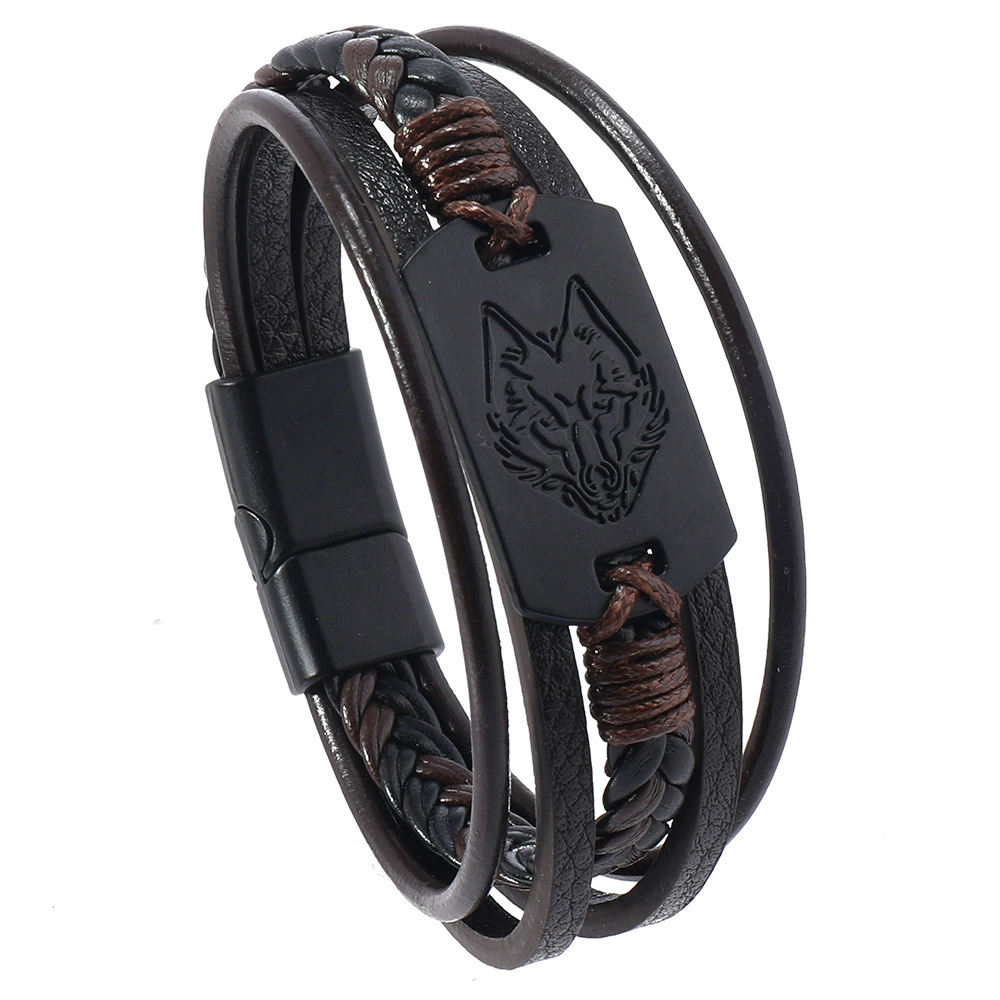 Men's PU Leather Bracelet RH360, Multi-Layer Beaded & Alloy Accents, 21.5 cm