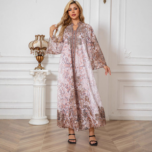 Foreign Trade Cross-Border Muslim Dress Middle Eastern Robe Light Chiffon Stand Collar Elegant Robe Dress Robe