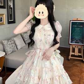娃娃领甜美可爱连衣裙夏季初中高中学生洛丽塔碎花公主裙子涤纶