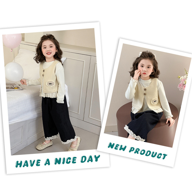Dreiteiliges Strickwesten-Set für Mädchen, Herbst 2025, neue koreanische Kindermode, Strickweste und weite Hose_voghion.com