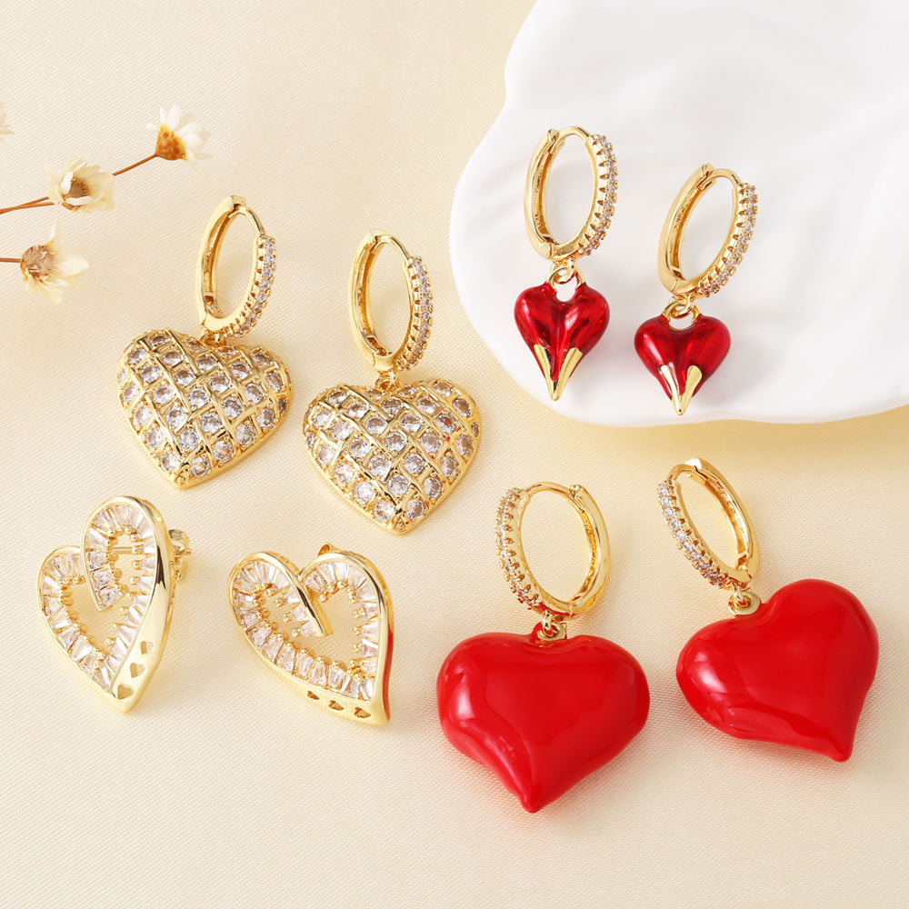 1 Pair Quantity 1 Pair Cute Heart Shape Enamel Plating Copper Drop Earrings