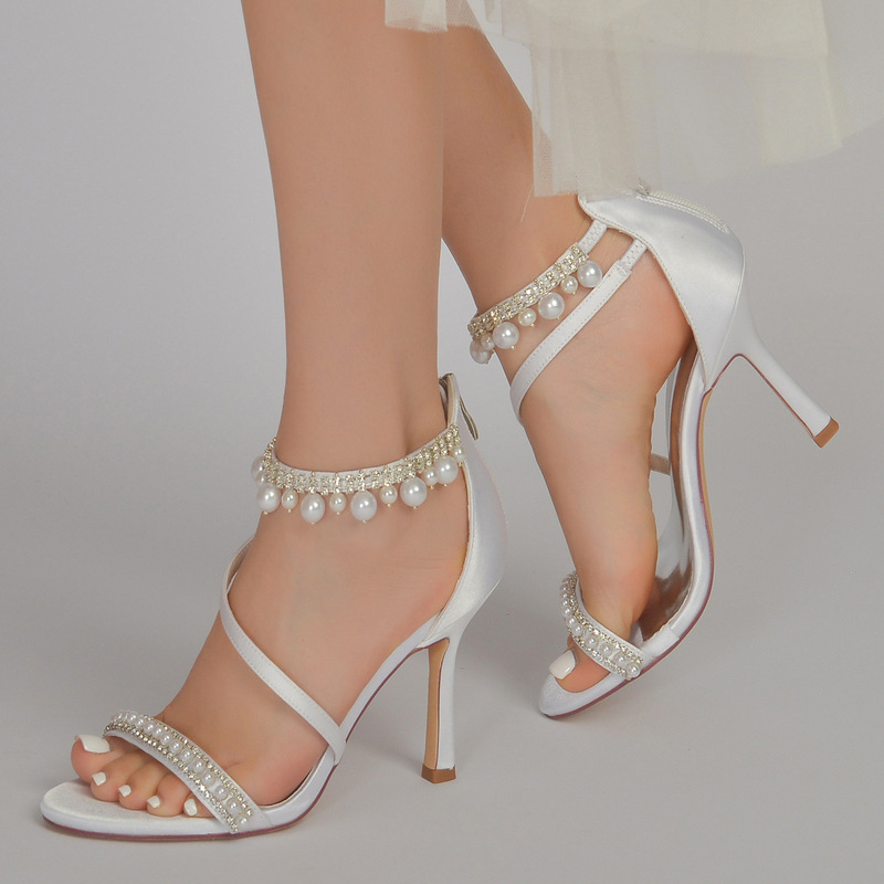 European and American High-heeled Shoes Women's Shoes Stiletto Heel Shallow Mouth Pointed Satin Sexy Pearl Rhinestone Chain High-heeled Shoes
