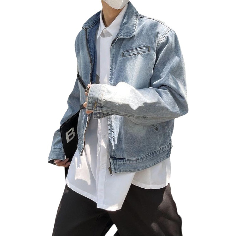 Hombrera nicho de diseño de alto grado corto otoño vintage lavado Denim chaqueta abrigo hombres ins ruoshuai