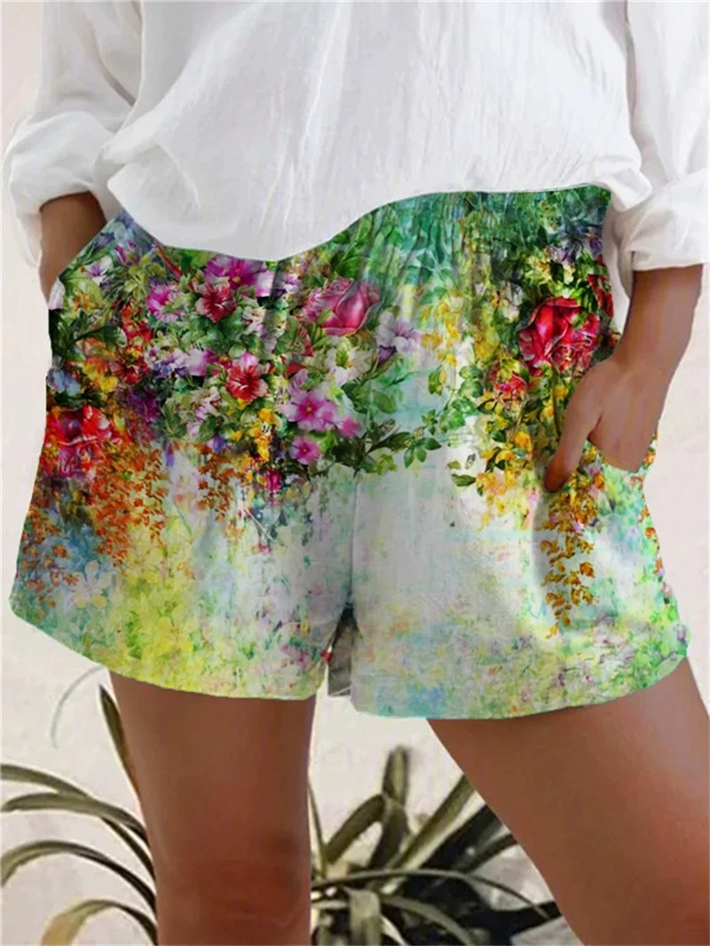 ladies shorts 2022 independent station wish summer new foreign trade women's casual floral print pocket shorts athletic shorts