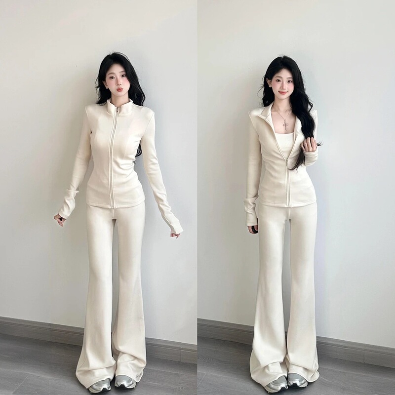 Korean White Casual Sports Yoga Suit Women's Stand-Up Collar Jacket Bell-Bottom Pants 2025 Early Autumn Outfit Set