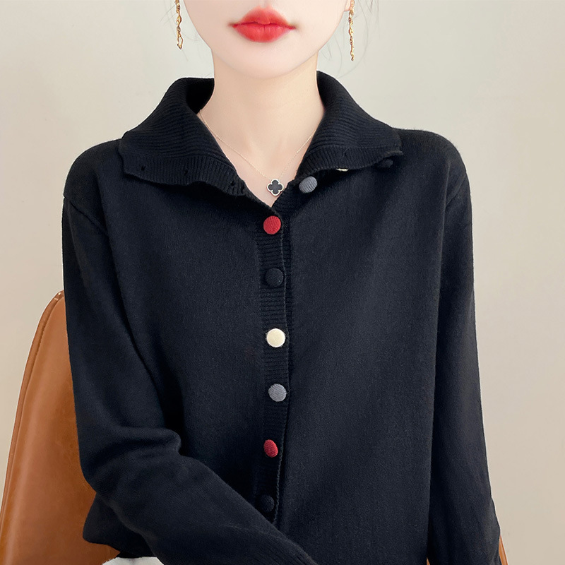니트 카디건 스탠드 칼라 컬러 버클 겨울 코트베이스 셔츠 여성 패션 서양식 연령 감소 가을 코트 스웨터 여성 한국어
