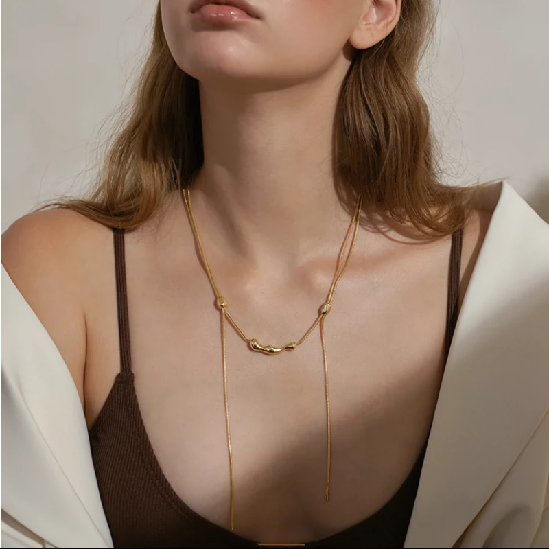 Date, Shopping Occasion Brass Material Women's Brass 18K Real Gold Plated Platinum Plated Geometric Lines Adjustable Pull Chain Clavicle Necklace Long Necklace Brass Jewelry