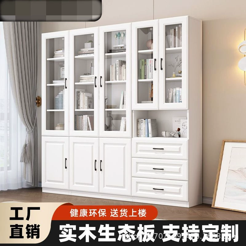 Комбинация книжных шкафов из массива дерева Современный минималистский книжный шкаф со стеклянными дверями для гостиной кабинет шкафчик для хранения на заказ