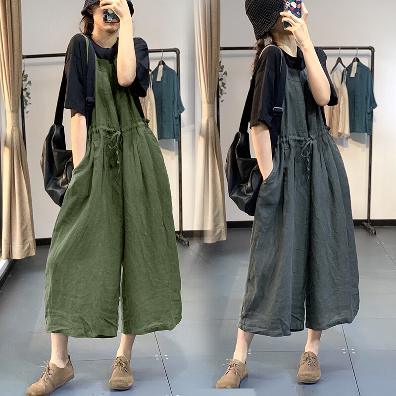 Summer Original Literary Trend Personalized Waist Drawstring Loose Age-Reducing Linen Suspender One-Piece Wide-Leg Pants for Women