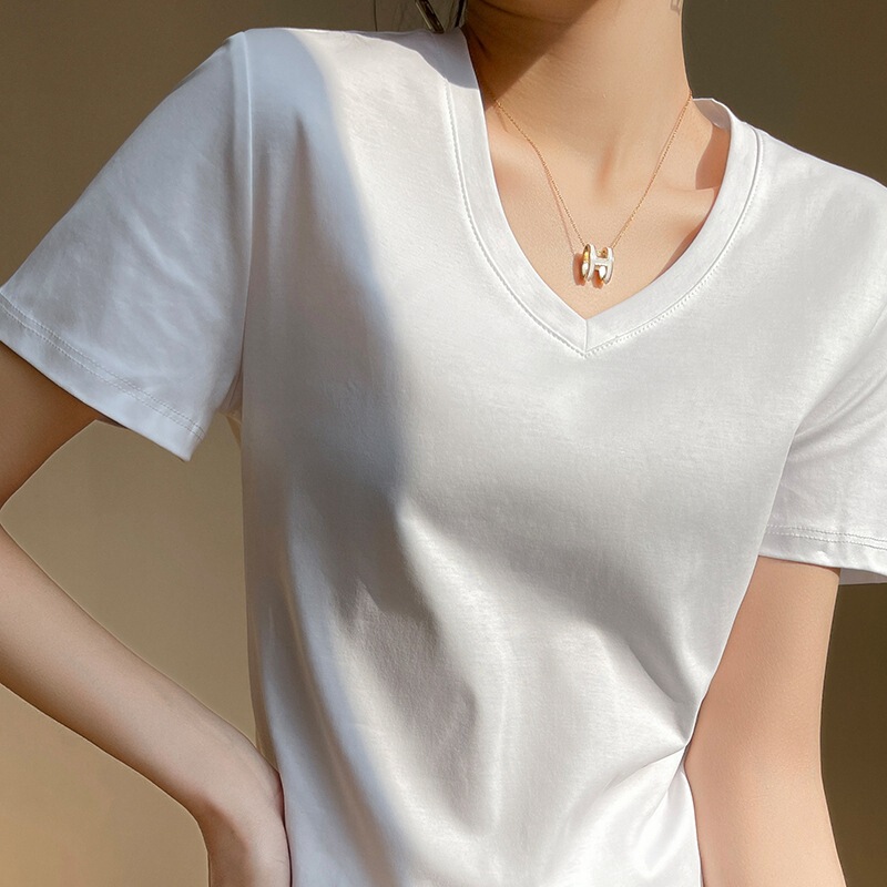 V-Neck Mercerized Cotton T-Shirt for Women, Short Sleeve, Summer 2026, White, Loose Fit, Round Neck, Pure Cotton, Sweetheart Neckline, Solid Color