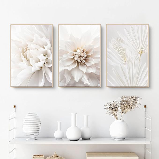 Modern Nordic Palm Leaf White Flower Decorative Painting Living Room Bedroom Wall Triple Combination Frameless Painting Cross-border