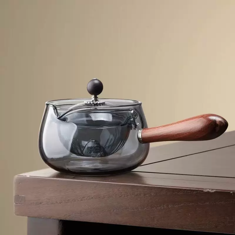 高硼硅透明玻璃逍遥泡茶壶旋转式煮茶壶墨色家用客厅带客侧把茶壶