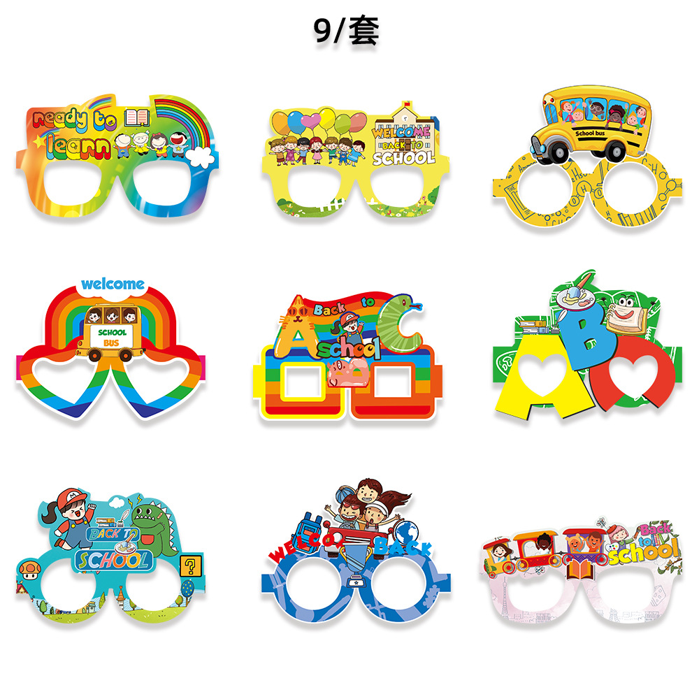 9 unids/set transfronterizo nueva temporada escolar decoración gafas de fiesta kindergarten escuela niños dibujos animados gafas de papel marco