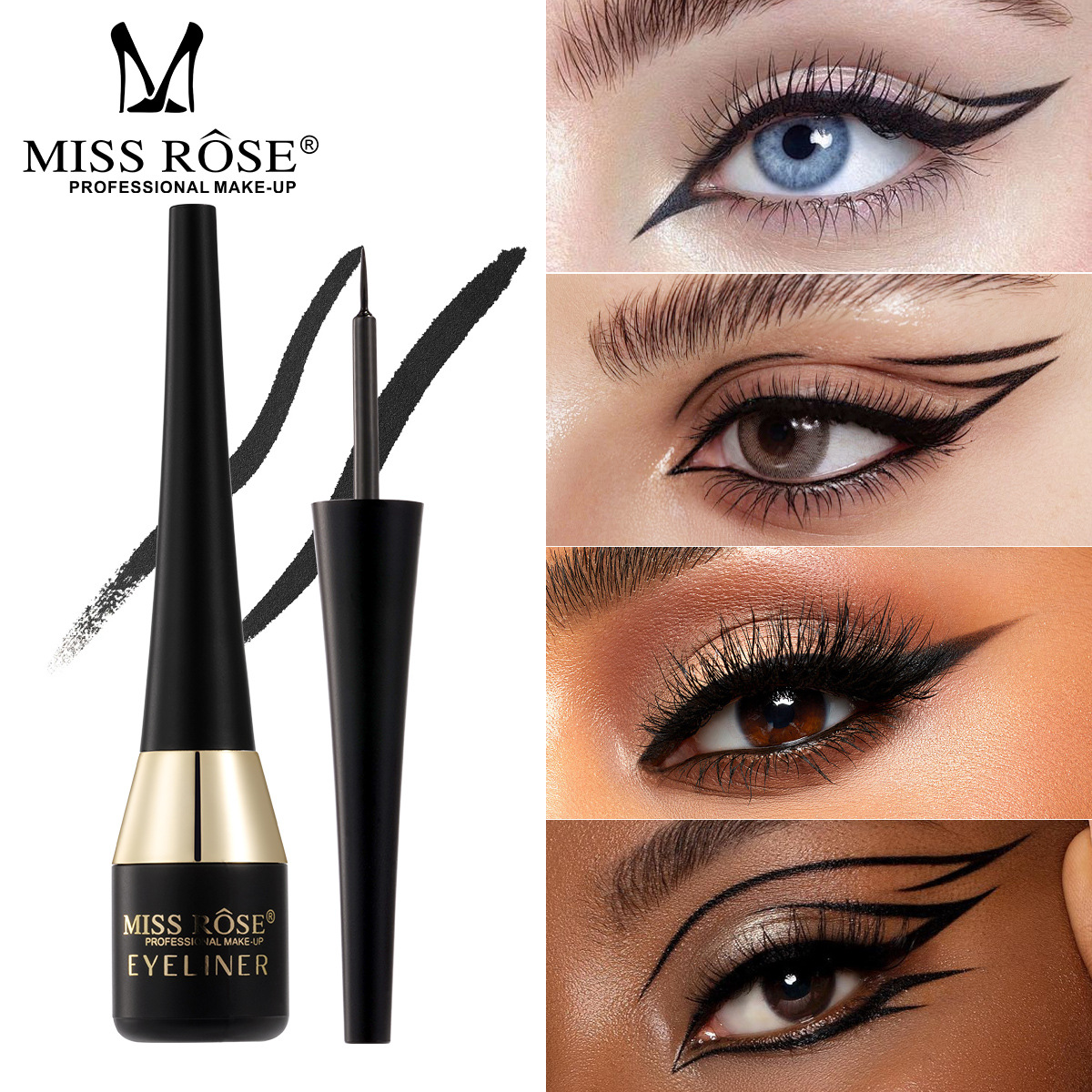 Miss Rose Cross-Border Black Liquid Eyeliner Waterproof, Delicate, Long-Lasting and Rich Single-Color Eyeliner Eye Makeup Liquid Eyeliner Pen