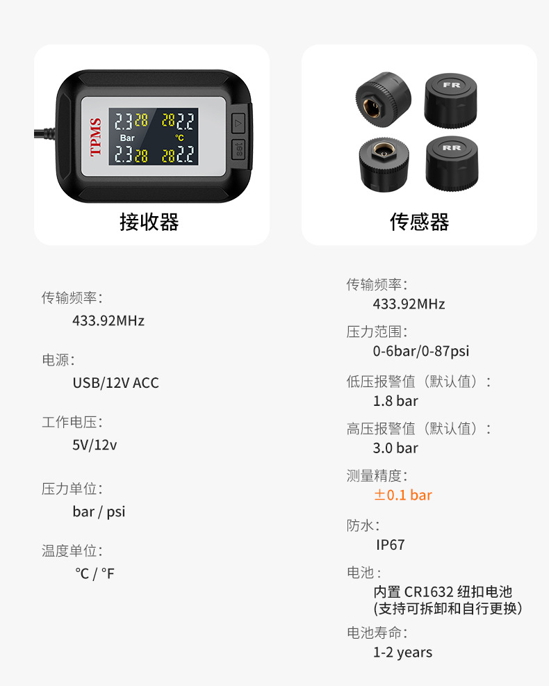 Tire Pressure Monitor Without Power Supply, Tire Pressure Detector with Mobile App, Dual Display Tire Pressure Sensor, Bluetooth App
