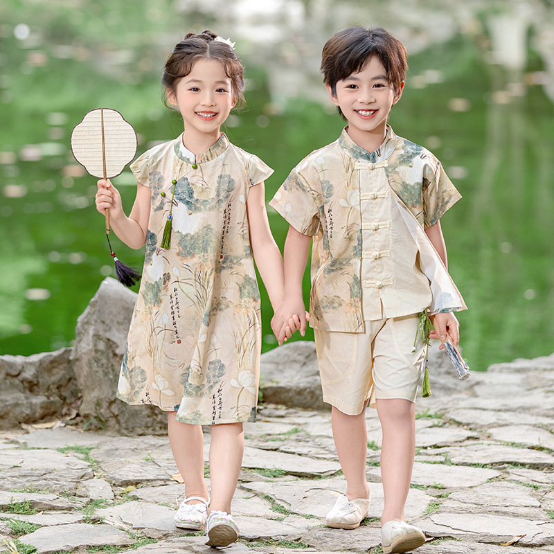 男女童夏季汉服时髦印花国风新中式古装礼服两件套夏装新款童唐装