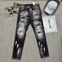 新款轻奢黑色牛仔裤男网红新款跨境破洞泼墨修身小脚涂鸦补丁贴布